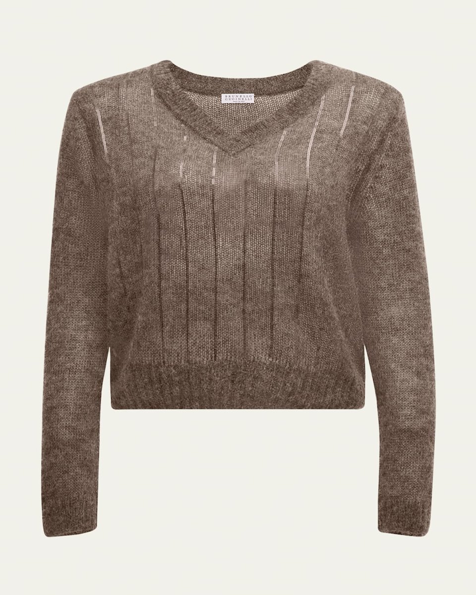 Tonal Sequin Pinstripe V-Neck Mohair Sweater